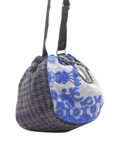 Shop Sacai Transformable Mixed Fabric Wool Drawstring Bucket Crossbody Tote Bag In Blue