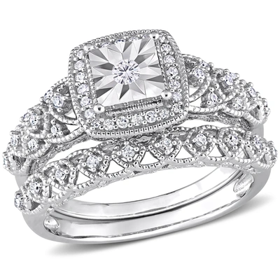 Mimi & Max 1/3ct Tdw Diamond Square Halo Bridal Ring Set In Sterling Silver In Silver
