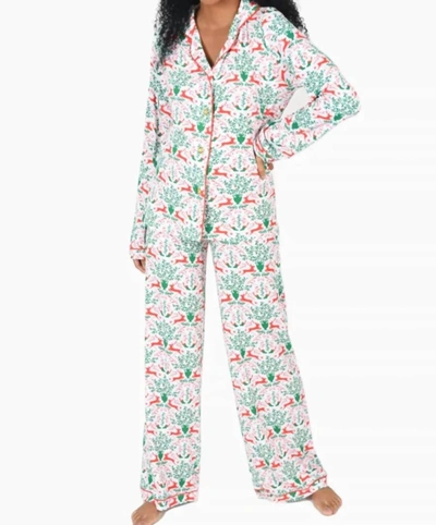 Shop Emily Mccarthy Long Sleeve Pajama Pant Set In Royal Reindeer In Gold