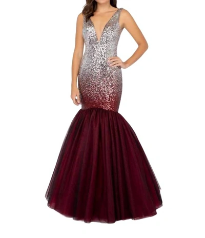 Terani Couture Sequin Mermaid Gown In Silver And Wine Red In Red