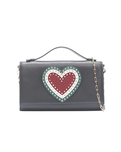 Shop Valentino New  Black Leather Rockstud Green Red Heart Gold Chain Wallet Clutch In Grey