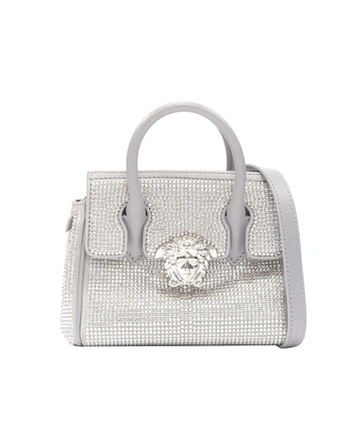 Shop Versace New  Palazzo Empire Mini Limited Edition Grey Crystal Crossbody Bag In Silver