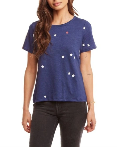 Shop Chaser Linen Jersey Cropped Short Sleeve Open Tie Back Tee Top In Star Print In Blue