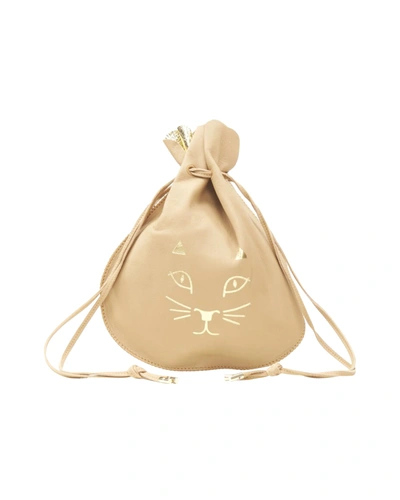 Shop Charlotte Olympia Precious Pouch Gold Kitty Print Tan Leather Drawstring Bag In Beige