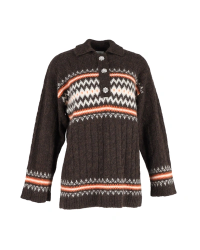 Shop Ganni Knit Fair Isle Oversized Sweater In Brown Alpaca In Black