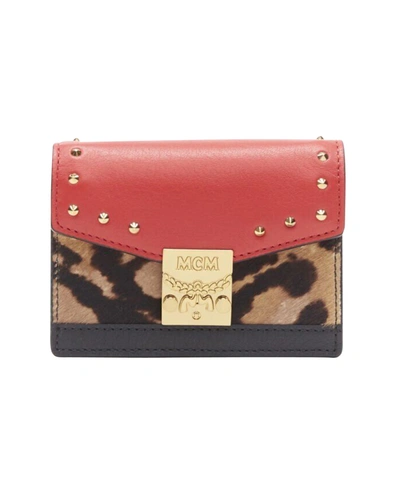 Shop Mcm New  Red Leopard Gold Studded Flap Cardholder Micro Crossbody Chain Bag In Multi