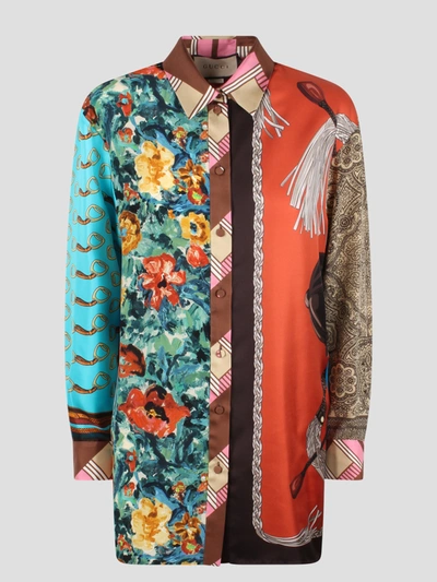 Shop Gucci Heritage Patchwork Print Silk Shirt