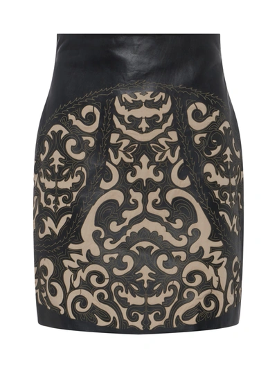 Shop L Agence Amour Leather Skirt In Black/khaki Leather Laser Cut