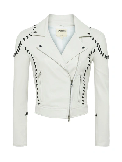 Shop L Agence Eleana Whipstitch Leather Jacket In Ivory/black
