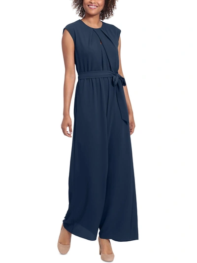 Shop London Times Womens Crepe Pleated Neck Jumpsuit In Blue