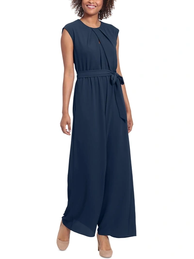 LONDON TIMES WOMENS CREPE PLEATED NECK JUMPSUIT 