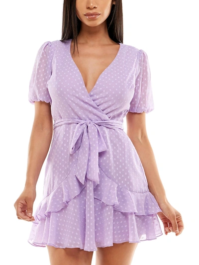 Shop B Darlin Juniors Womens Ruffled Plunge-neck Fit & Flare Dress In Purple