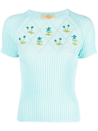 Shop Cormio Embroidered Cotton T-shirt In Clear Blue