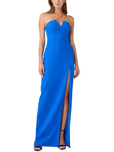 Shop Aidan Mattox Womens Chain Trim Long Evening Dress In Blue
