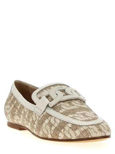 Shop Tod's Leather Canvas Loafers In Beige