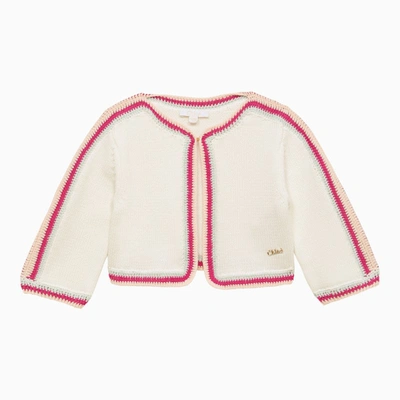 Shop Chloé White/pink Cotton Cardigan