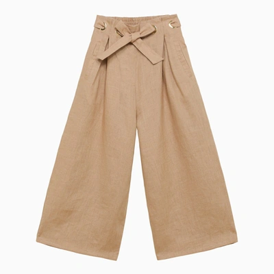 Shop Chloé Ivory Linen Trousers With Bow In Beige