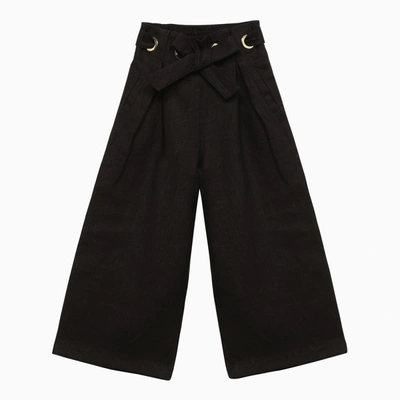 Shop Chloé Navy Blue Linen Trousers With Bow