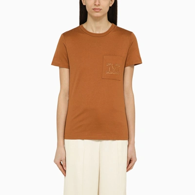 Shop Max Mara | Leather-colored Cotton T-shirt With Logo In Brown