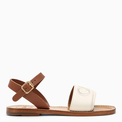 Shop Chloé Ivory Leather Sandal With Logo In Beige