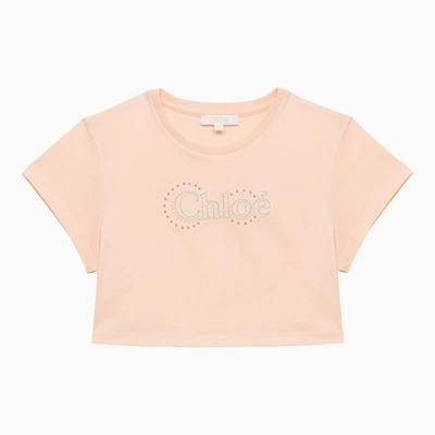 Chloé Pale Pink Cotton Cropped T-shirt With Logo In Pink