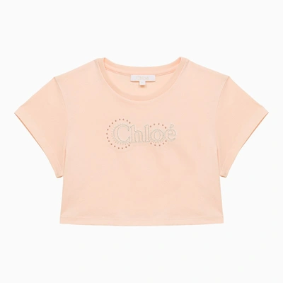 Shop Chloé Pale Pink Cotton Cropped T-shirt With Logo