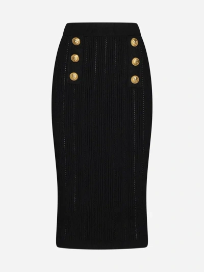Shop Balmain Buttoned Knit Midi Skirt In Black
