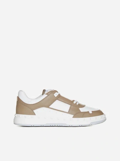 Shop Valentino Freedots Leather Sneakers In White,taupe