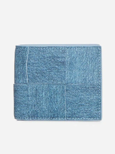 Shop Bottega Veneta Cassette Denim Leather Bifold Wallet In Light Blue