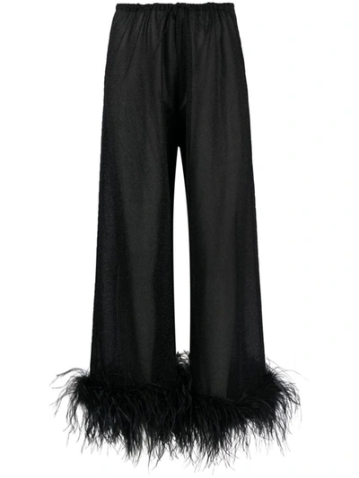 Shop Oseree Oséree Wide-leg Trousers With Feather Detail In Black