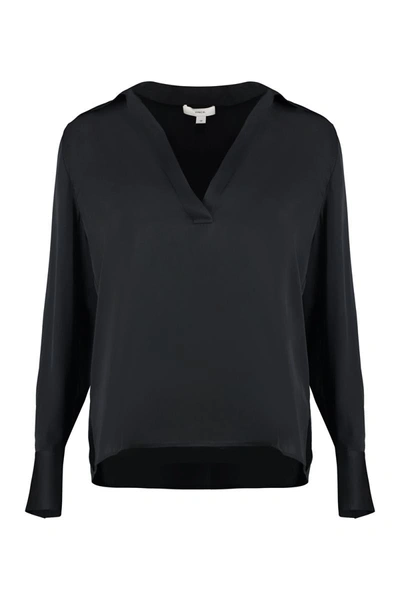 Vince Silk Blouse With V-neck And Side Slits In Black