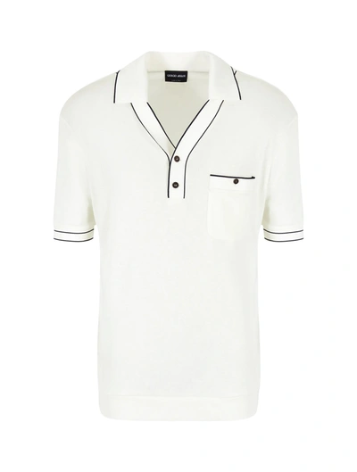 Shop Giorgio Armani Polo Shirt With Contrasting Profiles In Nude & Neutrals