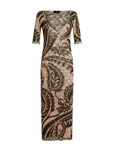 Etro Printed Tulle Midi Dress In Pink & Purple