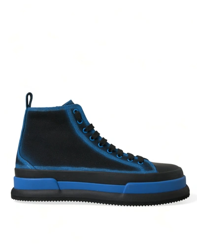 Shop Dolce & Gabbana Black Blue Canvas Cotton High Top Sneakers Shoes