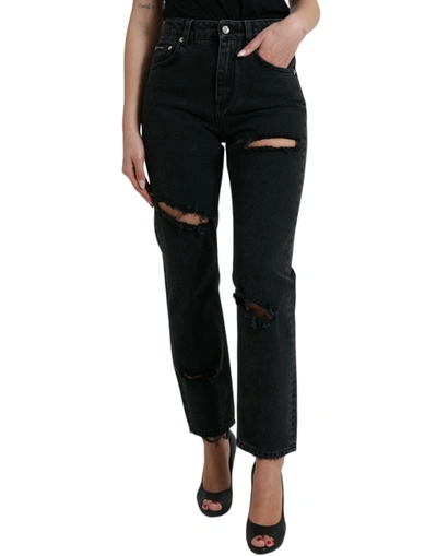 Shop Dolce & Gabbana Black Cotton High Waist Tattered Denim Jeans
