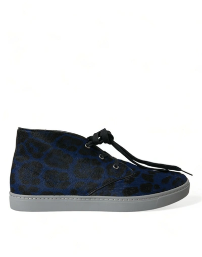 Shop Dolce & Gabbana Blue Calfskin Leopard Mid Top Sneakers Shoes