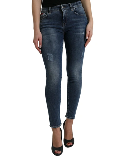 Shop Dolce & Gabbana Dark Blue Washed Skinny Mid Waist Denim Jeans