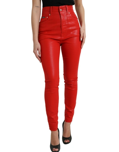 Shop Dolce & Gabbana Red Cotton High Waist Skinny Denim Jeans