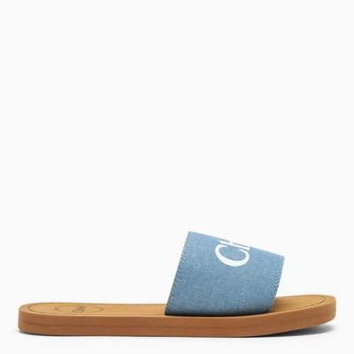 Shop Chloé Denim Blue Flat Woody Sandals With Logo In Light Blue