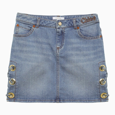 Chloé Logo-embroidered Bleached Denim Skirt In Blue