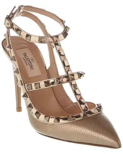 Shop Valentino Rockstud Caged 100 Grainy Leather Pump In Gold