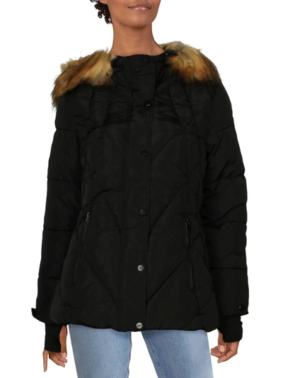 Shop Bebe Womens Faux Fur Hooded Puffer Coat In Black