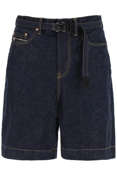 Shop Sacai Denim Bermuda Shorts With Removable Belt In Blue