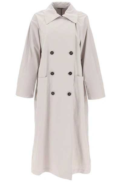 Shop Brunello Cucinelli Double-breasted Trench Coat With Shiny Cuff Details Women In Gray
