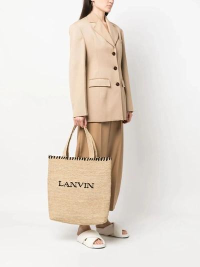 Shop Lanvin Women Logo-embroidered Raffia Tote Bag In Brown