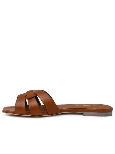 Shop Saint Laurent Woman  Amber Leather Tribute Slippers In Brown