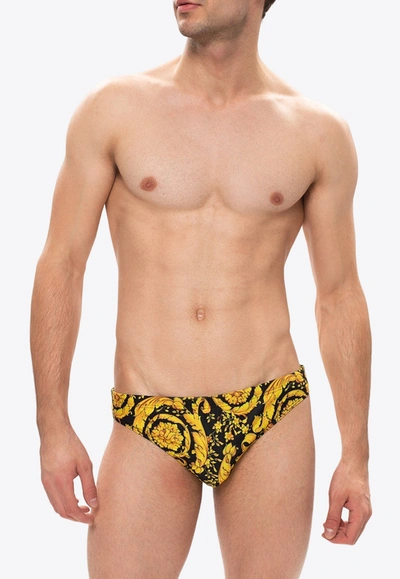Shop Versace Barocco Swim Briefs In Yellow