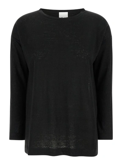 Shop Allude Black Shirt With Boart Neckline In Linen Woman