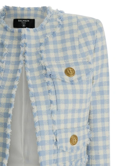 Shop Balmain Light-bluetweed Cropped Checkered Jacket In Cotton Blend Woman