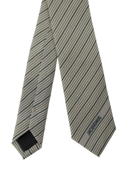 Shop Jacquemus 'la Cravate' Green Striped Tie With Logo In Silk And Wool Man